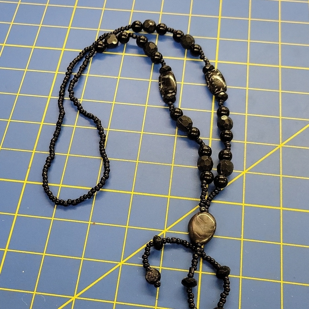 Black Beaded 32" Necklace w Beaded Tassel